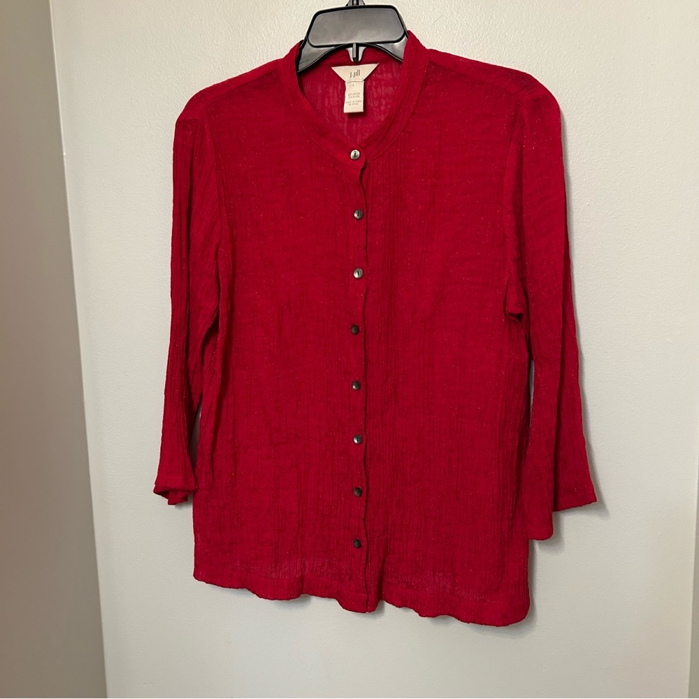 J. Jill Women's Semi-Sheer Red 3/4 Sleeve Blouse Top Button Down L Shimmer EUC
